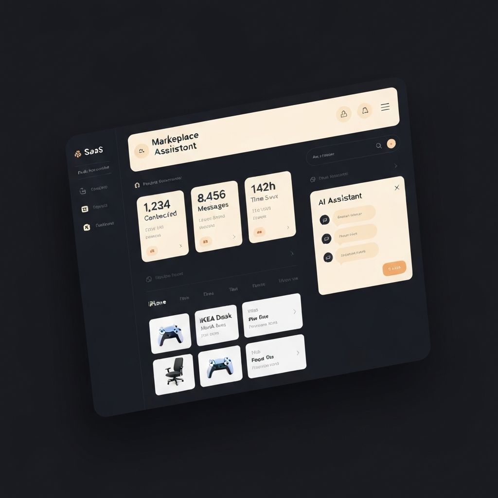 BazarBot Dashboard - AI selling assistant with marketplace listings, stat cards, and chat assistant